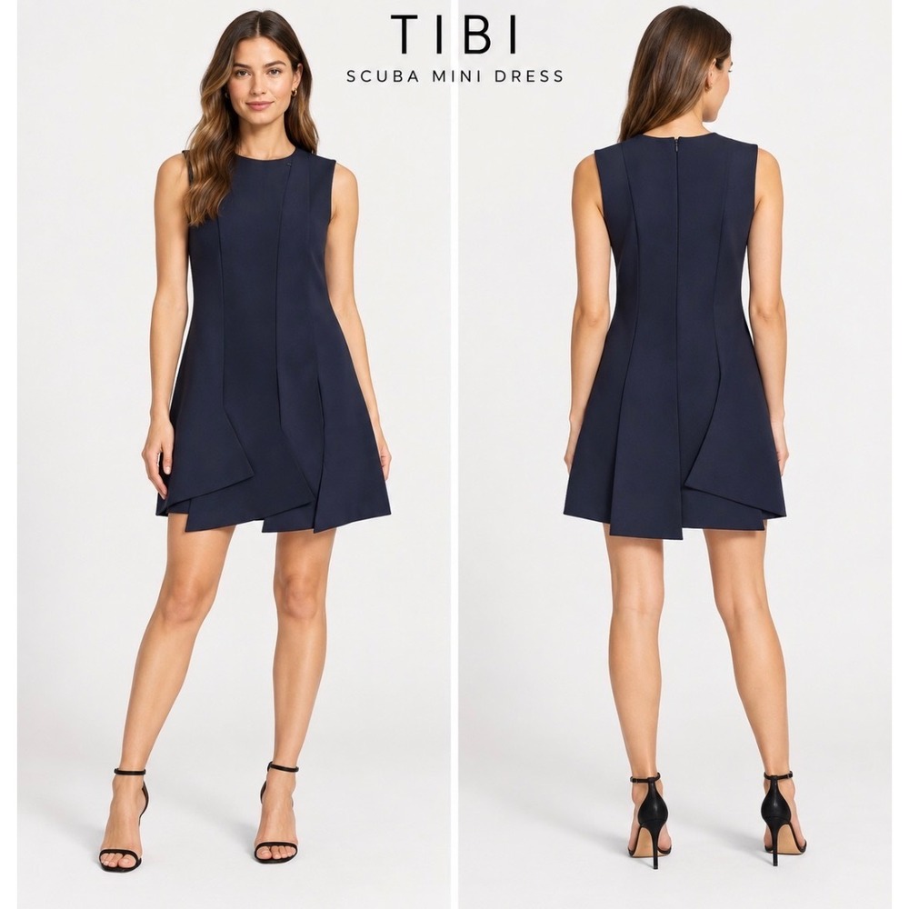 Tibi New York Navy Blue Sleeveless Tiered Hem Scuba Mini Dress Sheath Size 4